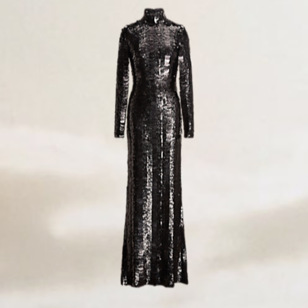 Ralph Lauren Purple Label Black Long Sleeve Sequin Gown